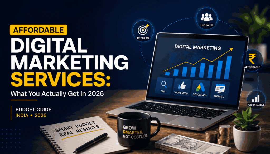 Hero banner for affordable digital marketing services in India showing digital marketing strategy, business growth, budget-focused services and online marketing elements for 2026
