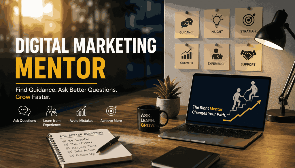 Conceptual featured image showing a mentor helping a learner climb toward success, representing digital marketing mentorship, career growth, and professional guidance.