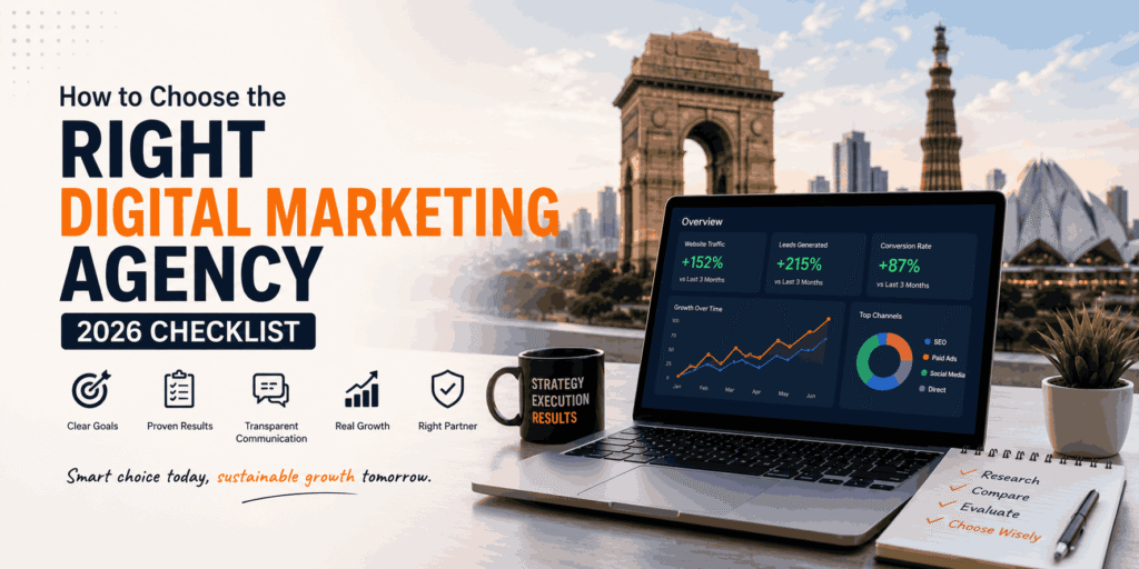 How to choose the right digital marketing agency in 2026 checklist with SEO, analytics dashboard, business growth metrics, and Delhi skyline.