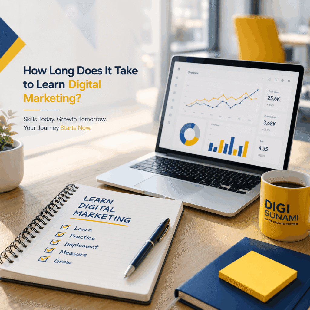 Digital marketing learning path showing SEO, Google Ads, Analytics, and Content Marketing in a modern workspace.