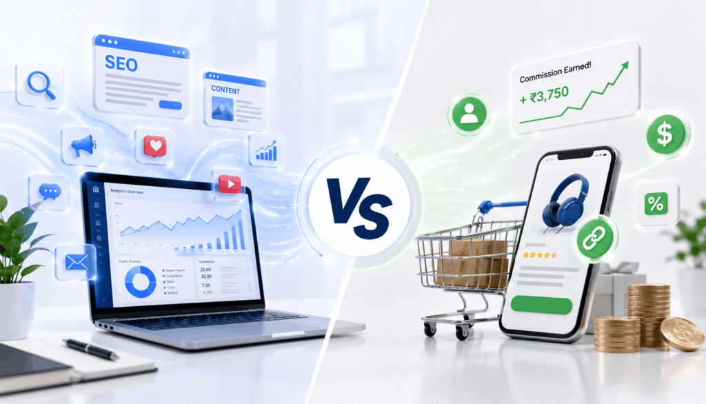 Digital Marketing vs Affiliate Marketing comparison showing SEO, content marketing, analytics, affiliate commissions, and online sales.