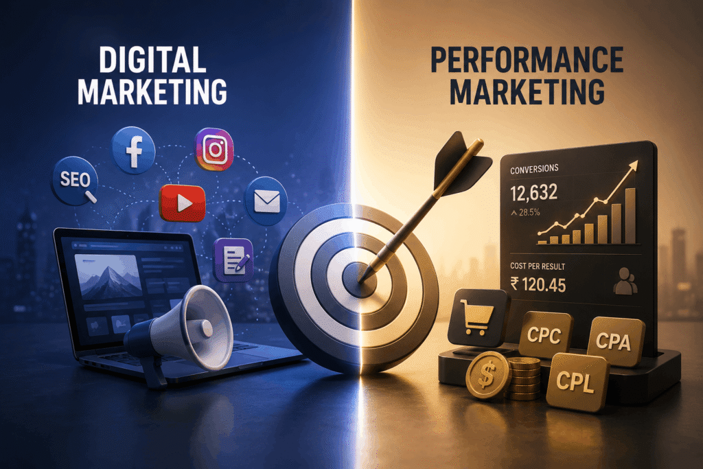 Hero banner comparing digital marketing and performance marketing with SEO, social media, content marketing, paid advertising, analytics, and conversion-focused campaign visuals.