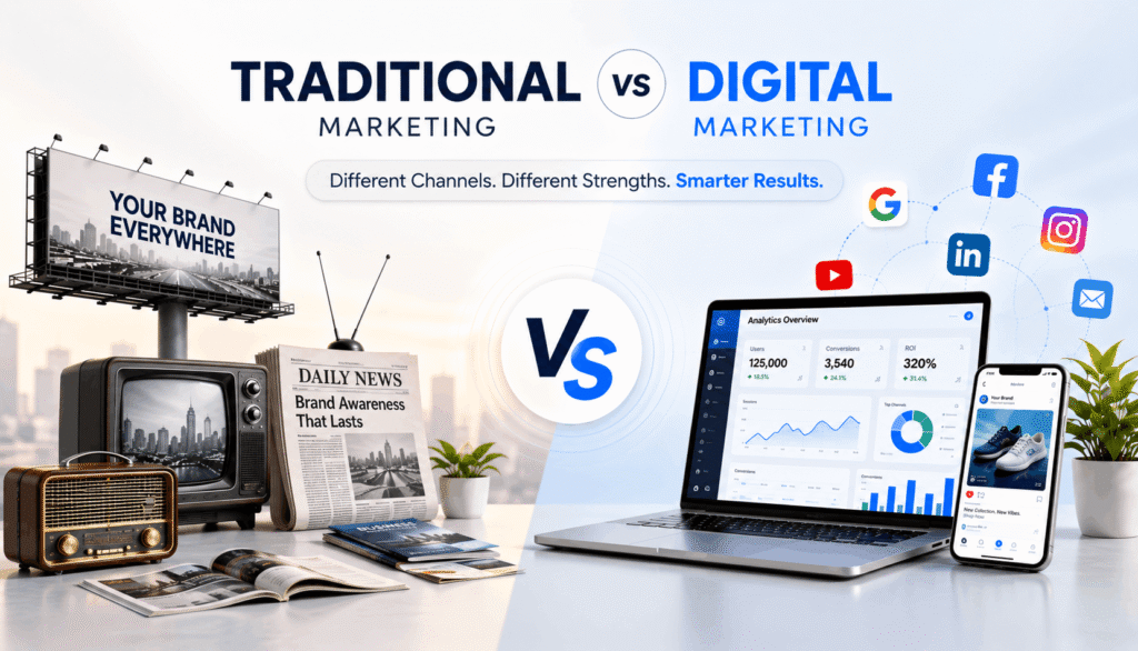 Traditional Marketing vs Digital Marketing comparison showing offline and online marketing channels with TV, billboard, newspaper, laptop, smartphone, and social media platforms.
