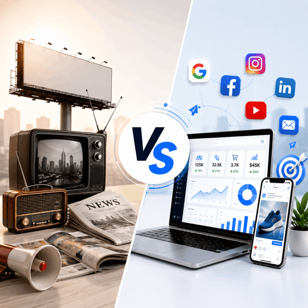 Traditional vs Digital Marketing guide featuring offline advertising and digital marketing platforms with laptop, smartphone, SEO, and social media icons.