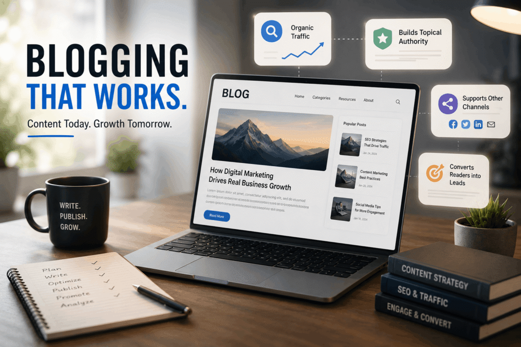 Hero banner illustrating blogging in digital marketing with content creation, SEO, organic traffic, lead generation, and business growth strategy.