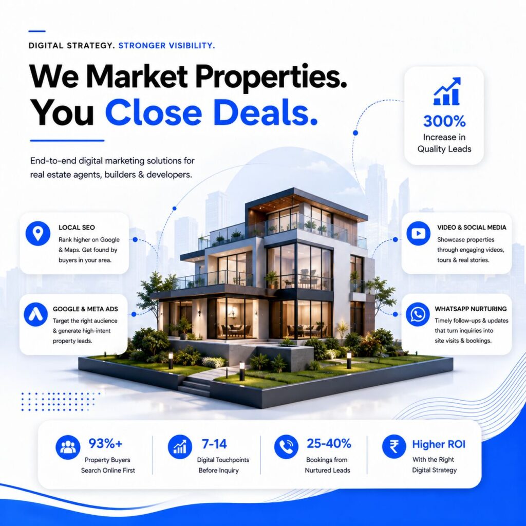 Digital marketing for real estate services showing local SEO, Google and Meta Ads, video marketing, social media, and WhatsApp nurturing for property businesses.