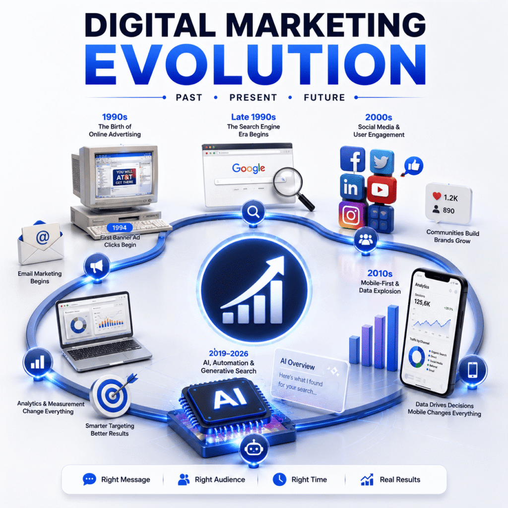 Evolution of Digital Marketing showing the journey from 1990s online advertising and search engines to social media, analytics, mobile marketing, AI automation, and generative search.