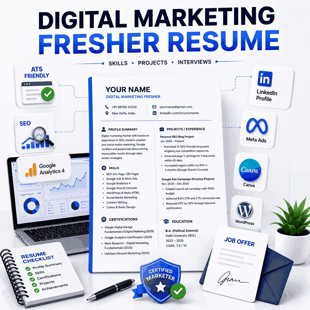 ATS-friendly Resume of digital marketing fresher featuring SEO skills, Google Analytics, Meta Ads, WordPress, certifications, and LinkedIn optimization.