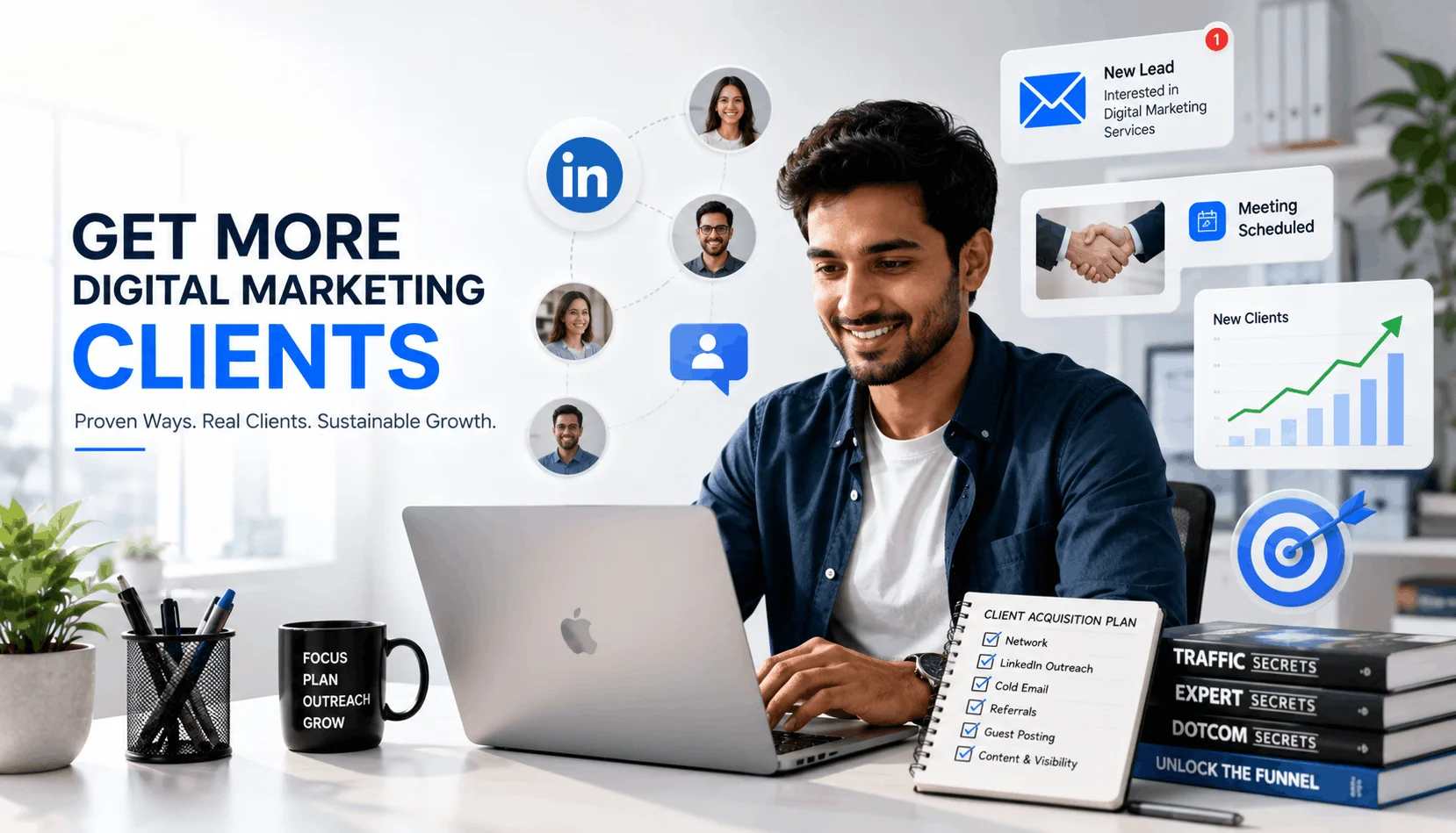 Digital marketer using LinkedIn outreach, email marketing, and networking strategies to get more digital marketing clients.