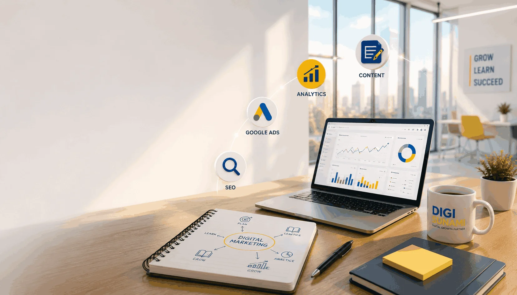 Modern workspace illustrating how long it takes to learn digital marketing with analytics dashboard and learning roadmap.