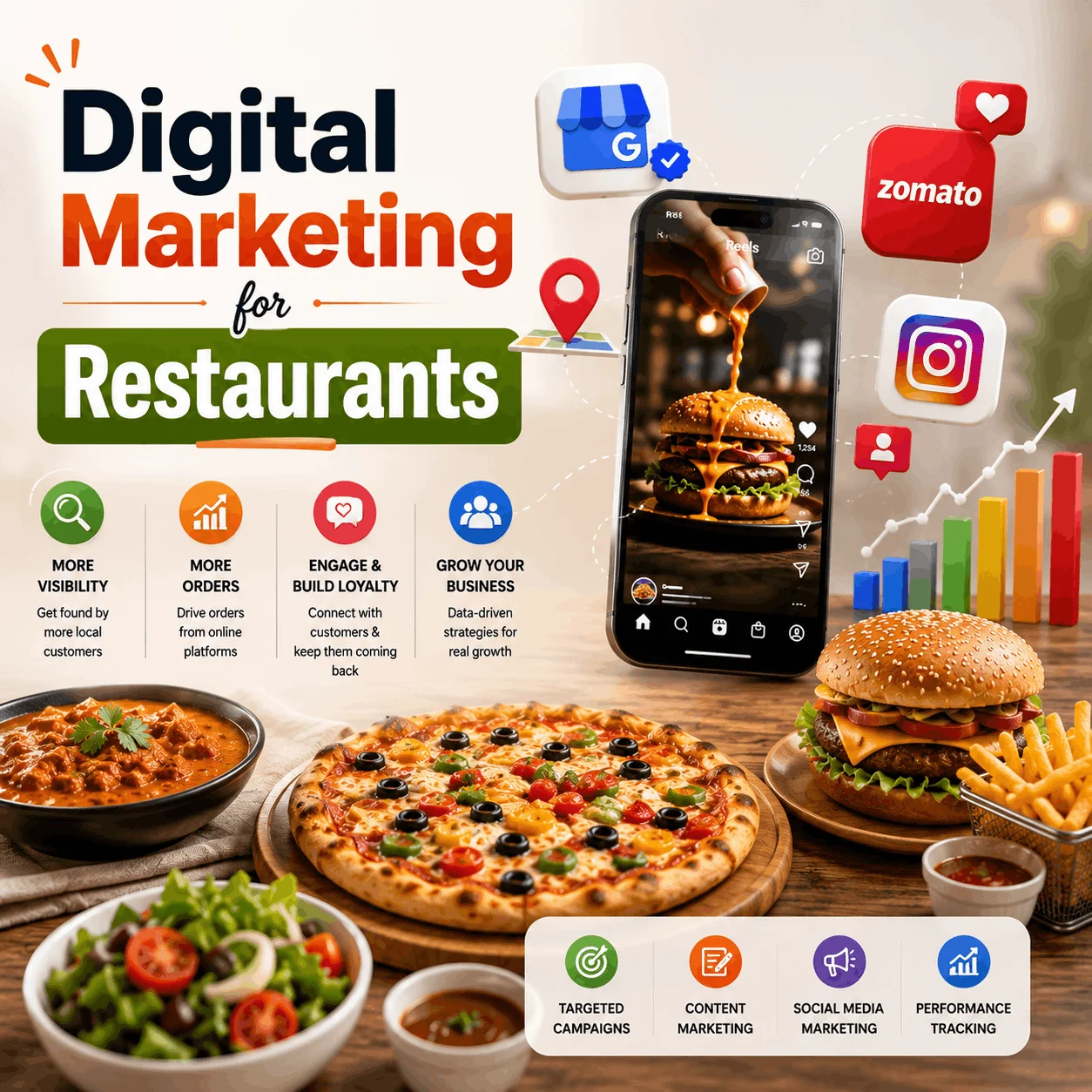 Digital marketing for restaurants showing social media marketing, food promotion, SEO, online ordering, and customer engagement strategies.