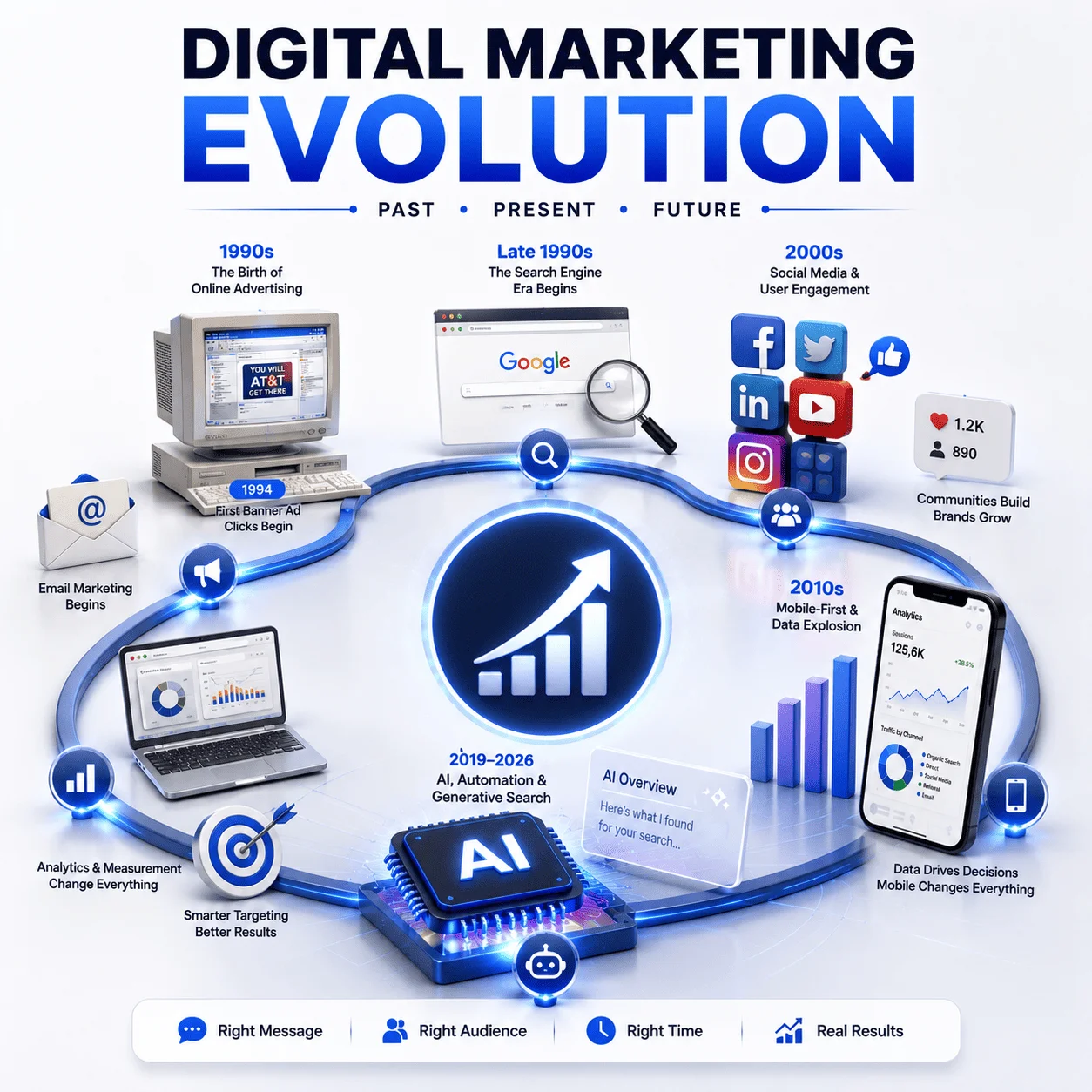 Evolution of Digital Marketing showing the journey from 1990s online advertising and search engines to social media, analytics, mobile marketing, AI automation, and generative search.